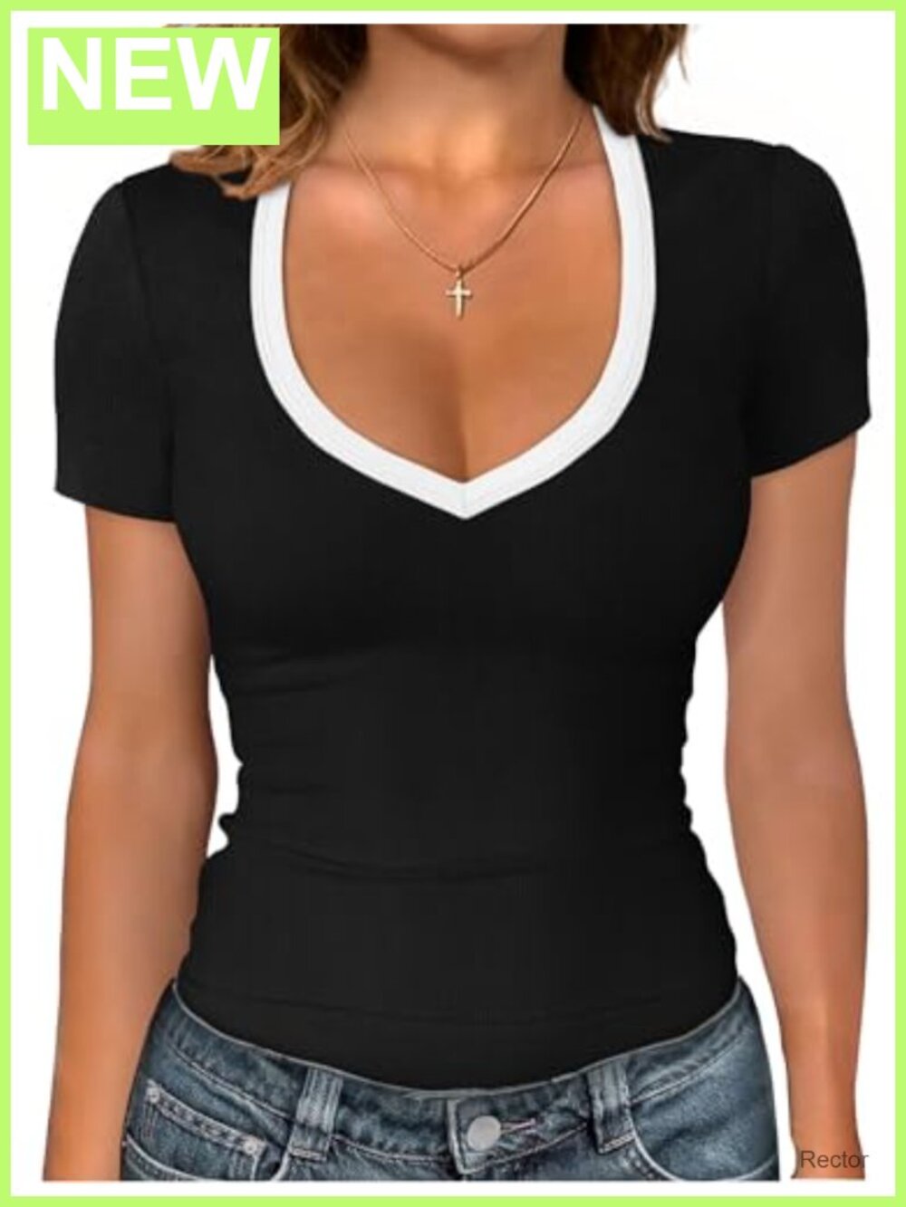 Sampeel Women's V-Neck Short Sleeve Ribbed T-Shirt Fitted Basic Tee